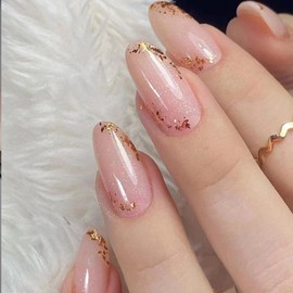 Press on Nails Almond Short, Pink Gold Glitter Artificial Nails with Design, Oval Artificial Nails for Sticking, Glossy Acrylic Fingernails, Fake Nails for Women, Girls, Pack of 24