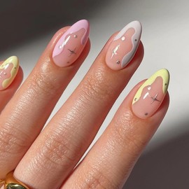 MISUD Press on Nails Medium Almond Fake Nails Glossy Glue on Nails Colorful French Tip Acrylic Nails Stiletto Artificial Nails Summer Star Stick on False Nails with Design 24 pcs