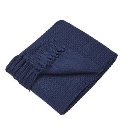 Drift Home - Navy Throw with Tassel (180 x 130cm) - Sustainable Recycled Cotton - Woven Blanket in Navy - Basket Weaved - Textured Sofa Throw Blanket Navy - Navy Blanket/Bed Throw Large
