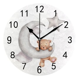 Wall Clock for Living Room Decor Cute Teddy Bear Star Moon PVC 9.8 Inch Hanging Round Desk Clocks Silent Non-Ticking Battery Operated Easy to Read Bathroom Kitchen Office