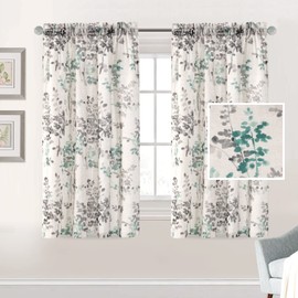H.VERSAILTEX Linen Sheer Curtains for Living Room Curtains 63 Inches Long Light Filtering Rod Pocket Window Sheer Linen Curtains for Bedroom, 2 Panels, Classical Floral Printing Turquoise and Taupe
