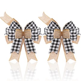 2 Pieces Black White Plaid Burlap Bows Large Buffalo Plaid Wreath Bows Buffalo Check Tree Decorative Bows Rustic Burlap Holiday Craft Bows for Tree Topper Wedding Birthday Party Decor, 9.5 x 13 Inches
