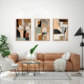 LHIUEM Large Neutral Colorful Pastel Framed Canvas Wall Art Set,Abstract Brush Stroke Wall Decor,Minimalist Shapes Textured Artwork for Living Room,Bedroom,Dining Room,Office -24"x36"x3