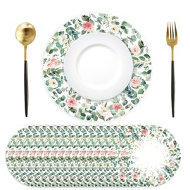 50 Pack Paper Placemats Disposable Pink Floral Placemats 13.4 Inch Rose Floral Place Mats Round Decorative Spring Summer Table Mats for Birthday Wedding Bridal Baby Shower Party Supplies