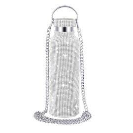 HAPPOW 25oz Sparkly Water Bottle,Diamond Metal Water Bottle with Chain, Diamond Water Bottle for Women, Bling Water Bottle Rhinestone, Insulated and Refillable(Silver)