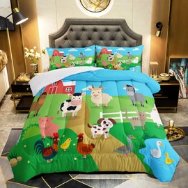 QOOMO Farm Animal Comforter Twin Size,Comic Sheep Dog Cow Horse Design Comforter Set for Kids Teens Girls Boys,3Pcs Bedding Set Printed Comforter with 2 Pillowcases,Soft and Lightweight，Twin Size