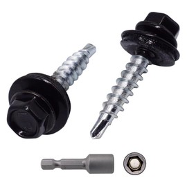 (Pack of 60) Metal Roofing Screws 3/16" x 1-1/8" (4.8 x 28 mm) Painted Self-Drilling Screws with EPDM Washers Sheet Metal Hex Bolt, Jet Black (RAL 9005)