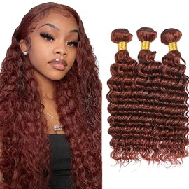 Copper Red Bundles Color #33 Deep Wave Human Hair Bundles Auburn Bundles Human Hair 3 Bundles 22 24 26 Inch Reddish Brown Deep Curly Bundles Hair Weave