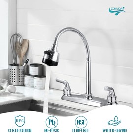 COMVIDA 2 Handle Kitchen Faucet, High Arc Swivel Stainless Steel Kitchen Sink Faucet with Flexible Spout(Two Water Outlet Modes), Modern Commercial 3 Hole Kitchen Faucet Solid Brass,CV-80067