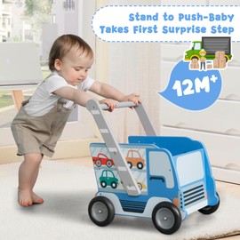labebe Baby Wooden Learning Walker, 2-in-1 Toddler Push & Pull Toys Stroller Pushing Walker, Infant Sit to Stand Wood Walker Wagon, Transfer Cart Toy for Girls & Boys 1-3 Years Old Kids, Blue