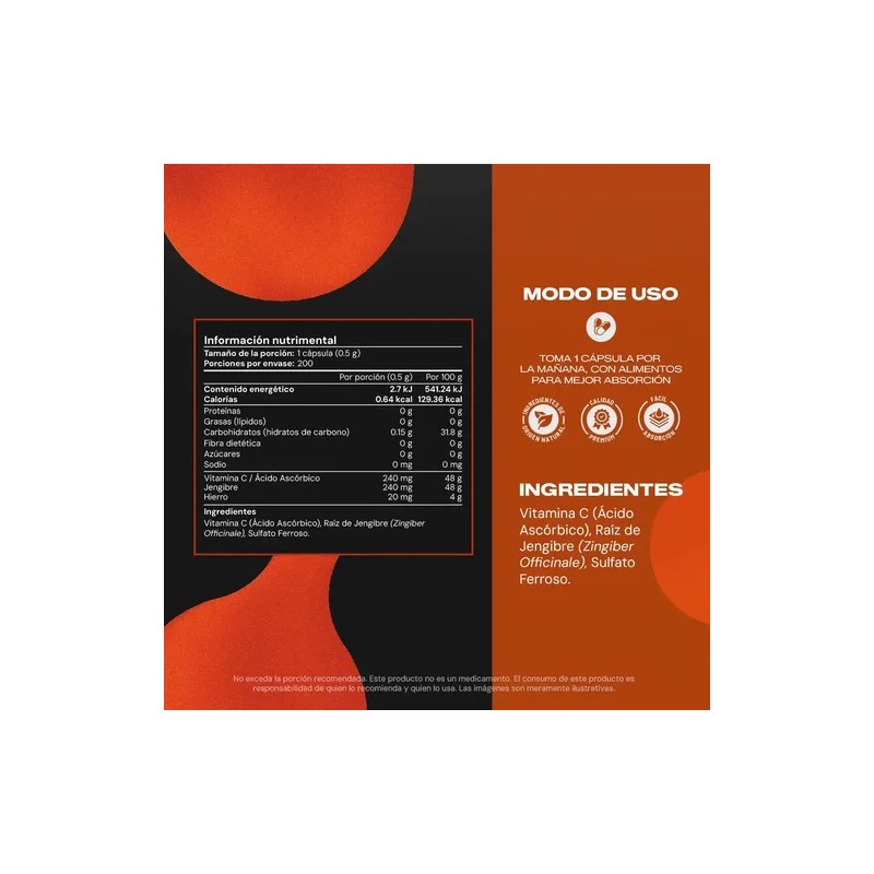 Vital Botanics Hierro Suplemento Vitamina Jengibre 200 Cápsulas Multivitamínico Hombre