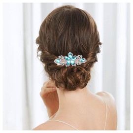 Andelaisi Vintage Rhinestone Hairclip Cz Crystal Hair Barrettes Crystal Flower Barrette Head Clips Sparkly Cz Wedding Hair Clips Decorative Headwear Crystal Wedding Headpieces Bridal Hair Accessories for Women and Girls Headdress (Blue)