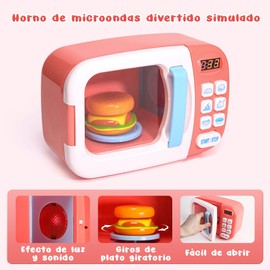 KIOVINO Juguete de 33 Piezas de Cocina para Niños, Juego de microondas de Horno de luz y Sonido a Partir de 3 años (Rosa)