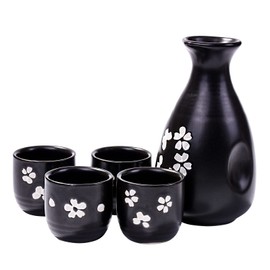 Cerficer Black Japanese Ceramic Sake Set of 5 with 1 Large Sake Bottle and 4 Sake Cups for Sake and Wine