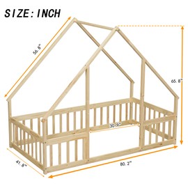 PVWIIK Twin Size Montessori Floor Bed with Fence & Guardrails for Kids Girls Boys,House Floor Bed with Slats,Easy Assembly & No Box Spring Needed, Natural