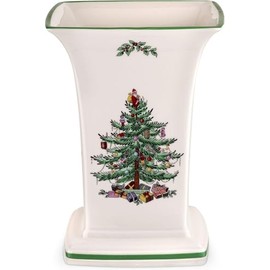 Spode Christmas Tree Square Vase, 8-Inch Festive Vase for Flowers & Holiday Decor - Fine Earthenware Centerpiece for Christmas Table, Mantle, Seasonal Floral Arrangements, Dishwasher Safe
