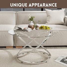 Otterease 31" Glass Coffee Table, Round Coffee Table with Ring Metal Frame, Modern Minimalist Coffee Table for Decoration, Coffee Tables Living Room, Study Room, Office, Silver