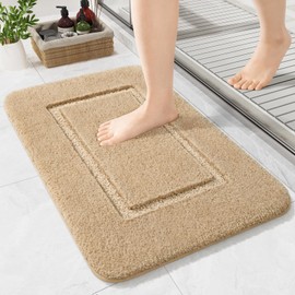 LOCHAS Bathroom Rugs, 24" x 17" Small Bath Rug, Non Slip Washable Bath Mat Soft Absorbent Microfiber Bathroom Mat, Shaggy Plush Luxury Bath Carpet for Shower, Beige