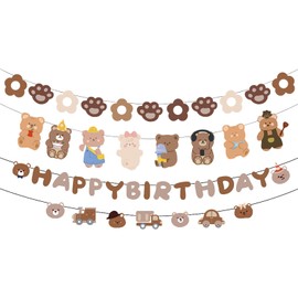 4PCS Bär Happy Birthday Girlande Banner CHUNLINLAODA-Bär Deko Geburtstag Girlande Set Bä/r Girland/e Geburtstag Mädchen Junge Deko Geburtsta/g für Erwachsene Kinder Mädchen Frauen (braun)