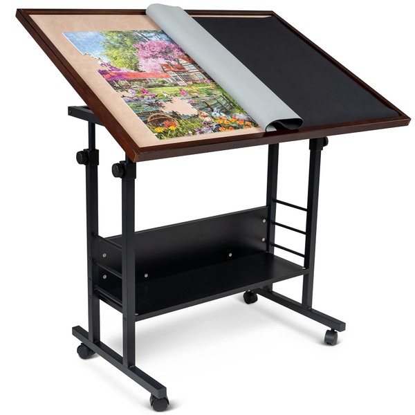 Becko US 1500-piece Jigsaw Puzzle Table with Legs, Adjustable Puzzle Board with Cover Mat for Adults, 5 Tilting Angle & Height Adjustment, Stand Up Puzzle Tables, Enclosed with 4 Wheels, Easy to Move