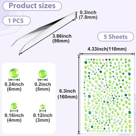 SmallCat 5 Sheets Face Gems Stickers for Women, Self-Adhesive Sparkly Rhinestone Stickers for Makeup, 3/4/5/6 mm Face Jewels for Body Hair Eyes Nails- Green