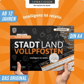 DENKRIESEN - Stadt Land Vollpfosten® Classic Edition - 'Intelligence is Relative' - A4 | Party Game | Family Game | City Land River | Game Block | Gift Idea