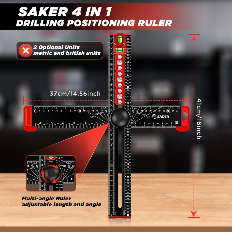 Saker 4-in-1 Drilling Positioning Ruler, Adjustable 13.78in Multifunctional T Square