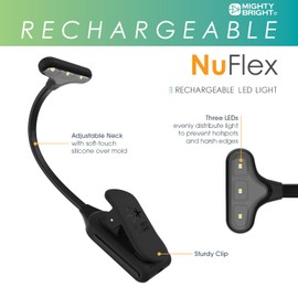 The Original Mighty Bright NuFlex - Rechargeable Book Light – 35 Lumens of Warm Eye-Care Light, 3 Brightness Levels, Up to 24-Hour Battery Life, Flexible Neck, Strong Grip Clip (Black)