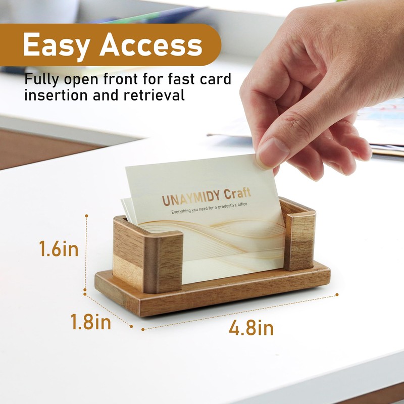 UNAYMIDY Business Card Holder for Desk, Acacia Wood Desktop Name
