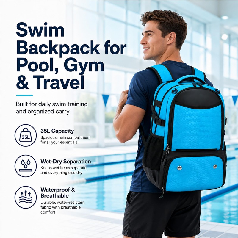 MIKIPLUM 35L Swim Backpack for Swimmers with Shoe Compartment