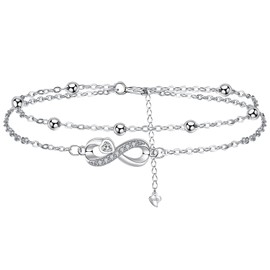 Arrebol Anklet Women's 925 Silver Anklet for Women Double Chain with Ball Beads - Adjustable [22 + 4 cm], Silver, Cubic Zirconia