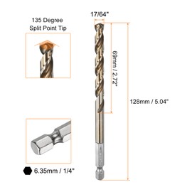 sourcing map 1/4" Hex Shank Drill Bit 17/64" Gold Oxide M35 High Speed Steel Twist Drill Bit 135 Degree Split Point Tip Drilling Tool with Quick Change Hex Shank for Metal Wood Plastic