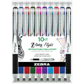 Zebra Pen Z-Grip Flight Retractable Ballpoint Pen, Bold Point, 1.2mm, Assorted Color Ink, 10-Pack (21901)