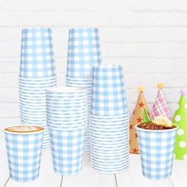 JCTHKUKU 100 Pcs Blue Gingham Paper Cups 9oz, Blue and White Checkered Disposable Cups for Picnic, Baby Shower, Birthday, Wedding, Rustic Outdoor Party Supplies