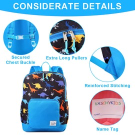 VASCHY Kids Backpack, 13L School Bag for Boys and Girls 4-6Years Water Resistant Toddler Dinosaur Rucksack Children's Backpack with Elastic Water Bottle Pockets for Elementary School(Black Dino)