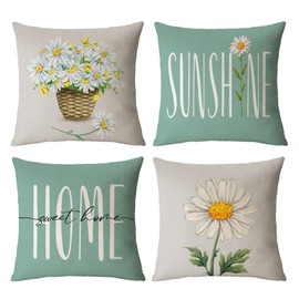 Daisy Pillow Covers 20x20 Set of 4 Summer Throw Pillow Covers Hello Sunshine Pillow Covers Cushion Covers Square Cotton Linen Pillow Cases for Couch Sofa Patio Outdoor Home Decorations(20 Inch)