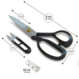 VAYS Fabric Scissors (8 Inch) - Premium Dressmaking Scissors for Sewing, Tailoring & Crafting - with Sharp Thread Nipper & Measuring Tape - Ideal for Felt, Leather & Thin Metal, Black