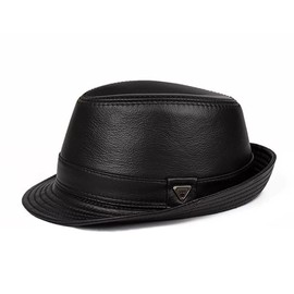 Lifup Men's Fedora Hat Real Leather Panama Hat Trilby Hat Autumn Winter Vintage Style Dress Hat, black