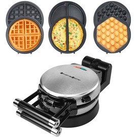 Health and Home 3-in-1 Waffle, Omelet, Egg Waffle Maker, 3 Removable Nonstick Baking Plates, Upgraded 360 Rotating Belgian Maker