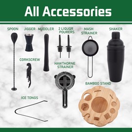 JWJIUEJIU Cocktail Shaker Set Bartender Kit with Rotating Bamboo Stand,11 Piece Bar Set Stainless Steel Bar Tools Set with Recipes Booklet (Frosted Black)