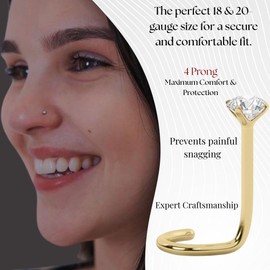 EternalDia IGI Certified Real Diamond Nose Stud With Twist Back 14K Gold Nose Stud in 18g & 20 Gauge - Diamond Color-I-J, Clarity-I2-I3, Yellow Gold Diamond Gold, diamond