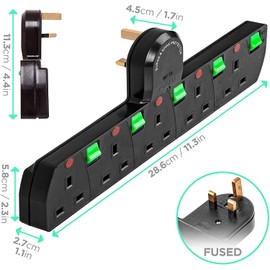 Duronic S125B 5 Way UK Plug Surge Protected Power Extension Adaptor Multi Socket | Switched | Black | Switches Turns 1 Socket Into 5, Not 4 | Engineered To Tell You When Surge Is On