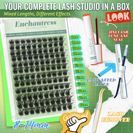 Enchantress Lash Clusters Kit 8–14mm Short Fluffy Wispy Eyelash Clusters Kit DIY Cluster Eyelash Extensions Kits with Waterproof Lash Bond and Seal Remover & Tweezers