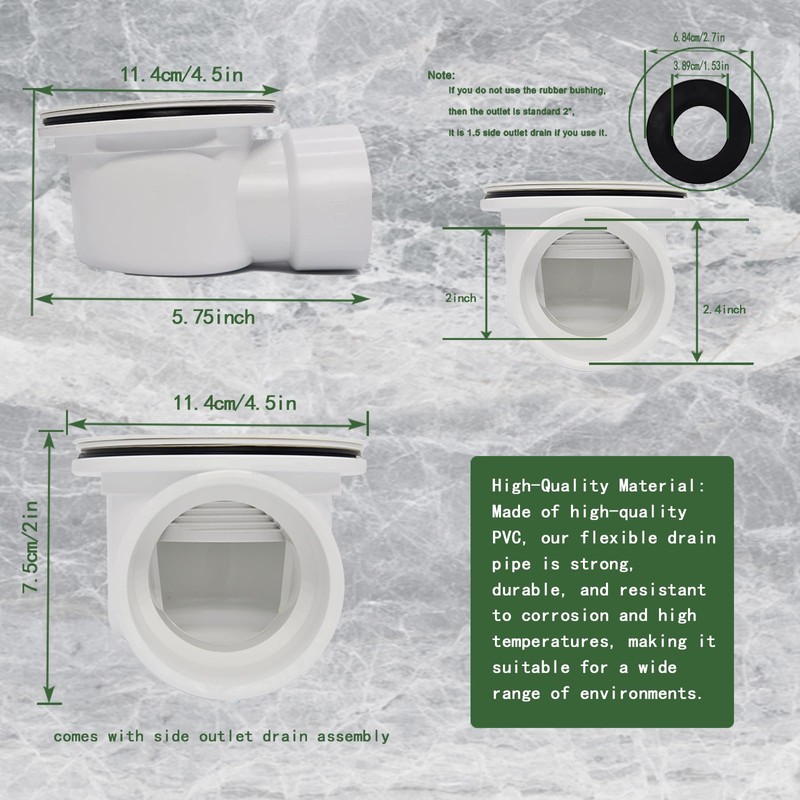 Low Profile Shower Drain Assembly with Perforated Strainer, 1.5" Side