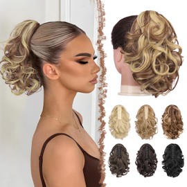 FESHFEN Ponytail Extensions, Brown & Blonde Claw Clip Ponytails Extension Curly Wavy Hair Piece Synthetic Pony Tail Hairpieces for Women, 10 inch