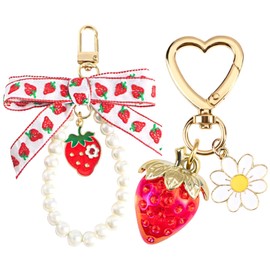 SunixSonie 2Pcs Strawberry Keychain Charm Cute Strawberry Bag Purse Charms Heart Flower Daisy Keychain Peal Bow Kawaii Car Keychains Strawberry Accessories for Women Girls Gift
