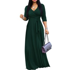 FANDEE Women's 2024 Maxi Dress - Solid Color Bohemian Summer Long Maxi Dress V-Neck 3/4 Sleeve Green 3XL