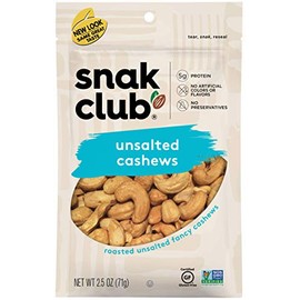 Snak Club Roasted & Unsalted Cashews, 2.5 Ounce (Pack of 6)