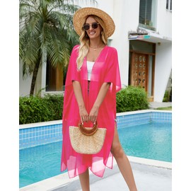 Hibluco Women's Summer Chiffon Floral Kimono Cardigan Long Swimwear Cover Ups Rose Red