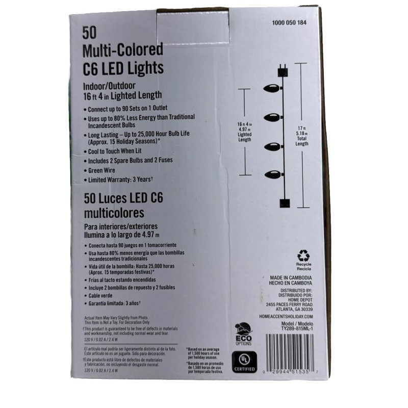 HOME ACCENTS HOLIDAY 50CT MULTI-COLORED LED C6 16' GREEN STRING.